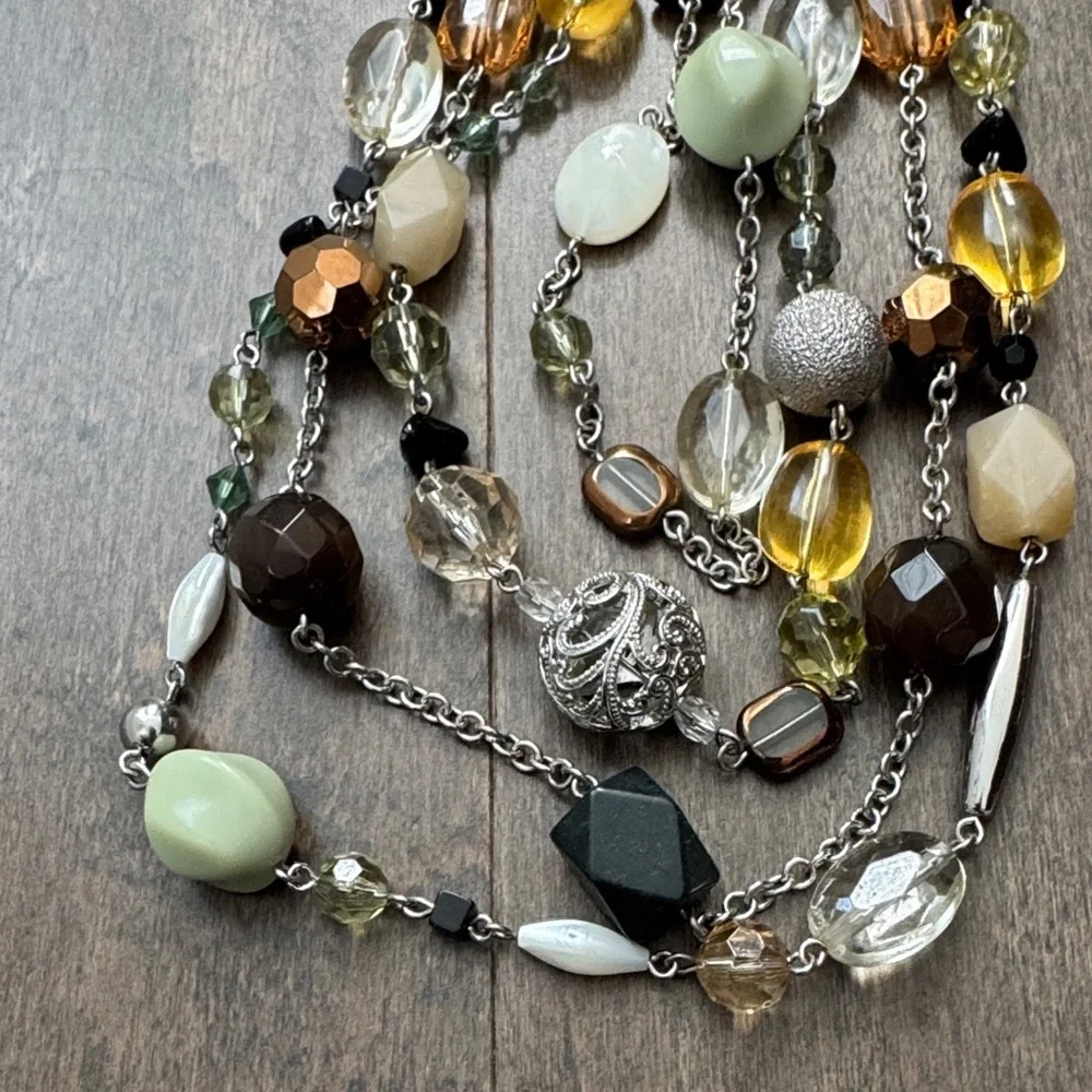 Lia Sophia Multi Strand Beaded Statement Necklace Silver Tone Green Brown